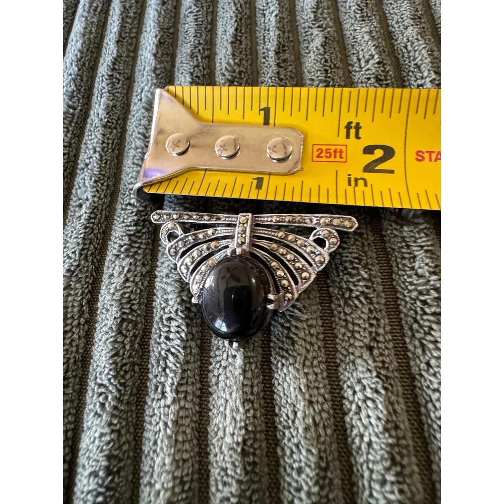 Vintage‎ Art Deco 925 Silver Black Onyx Marcasite Brooch Pin Statement